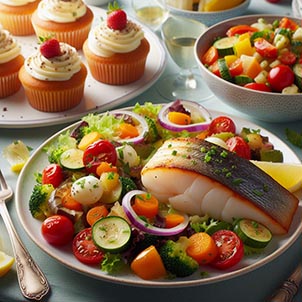 Un plato de Ensalada, otro plato de Ratatouille, otro plato de bacalao al horno y Cupcakes